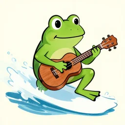 A frog surfing while playing ukelele drawn as a 1950s cartoon