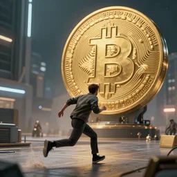 man running away from a giant with bitcoin head, sci-fi, cinematic, cryptocurrency, hyperdetailed, 4k