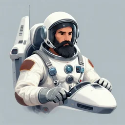 a beautiful artwork illustration, concept art sketch of spaceship pilot with long black beard operating a machinery on his desk, flying through a galactic nebula, volumetric fog, godrays, high contrast, high contrast, high contrast, vibrant colors, vivid colors, high saturation, by Greg Rutkowski and Jesper Ejsing and Raymond Swanland and alena aenami, featured on artstation, wide angle, vertical orientation
