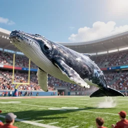 a humpback whale flying over an nfl game ultra detailed realistic photograph cinematic lighting