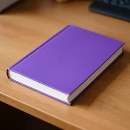 a purple book on the top of a wood desk, good lighting, realistic, 4k HDR