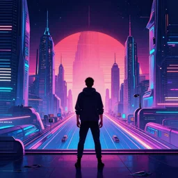 a man standing in front of a futuristic city, cyberpunk art by barclay shaw, behance contest winner, retrofuturism, retrowave, outrun, synthwave