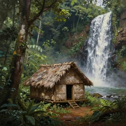 a beautiful painting of a small and simple indigenous hut lost deep in the amazon jungle near a waterfall, matte painting, art by christophe vacher