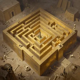fantasy oil painting, extreme perspective, aerial view of an egyptian labyrinth, as a dnd cover illustration, inside of a golden tomb, desaturated, ominous, bones, cursed, comfy, highly detailed, digital art, smooth, sharp focus, art by brothers hildebrandt, and paul bonner