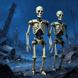 horror art, skeleton droids, blue junkyard in the background, art by ismail inceoglu