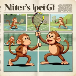 cartoon illustration of monkeys playing tennis by Jim Davis, 4k wallpaper, newspaper comic strip, artstation