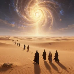 group of wizards walking through a flat desert plateau, fantasy art, view from above, brightly lit, fractal sky