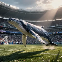 a realistic cinematic still of humpback whale flying over the NFL Super Bowl Stadium cinematic lighting by Jessica Rossier