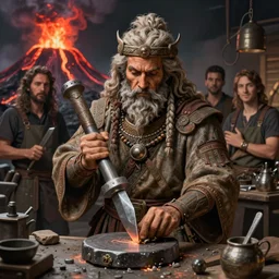 ancient smith god in volcanic workshop, portrait, highly detailed, digital painting, artstation, concept art, sharp focus, illustration, art by aleksi briclot and greg rutkowski and raphael lacoste and magali villeneuve