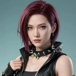 female V from Cyberpunk 2077 wearing spiked collar, 4K