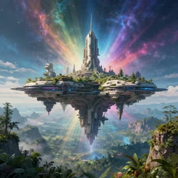 the floating city, sci - fi, overgrown nature, beautiful landscape, mystical, magical, post - apocalyptic, futuristic flying city, 8 k, super - resolution, intricate details, super details, detailed and intricate, nebula light rays, triadic colors, octane render