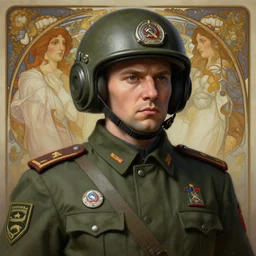 a hyperdetailed matte portrait of a soviet russian nuclear supersoldier, highly detailed, deep focus, elegant, digital painting, sharp focus, ultra realistic, 8 k, art by greg rutkowski and rembrandt and alphonse mucha, ultrawide lens
