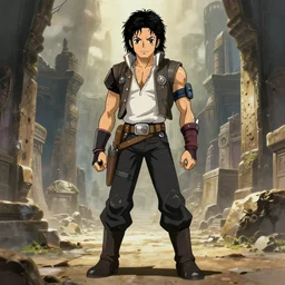 full body and face central portrait character concept art design, anime key visual of an muscular archaeologist adventurer michael jackson warrior, looking foward, studio lighting delicate features finely detailed perfect art, at an ancient city, gapmoe yandere grimdark, trending on pixiv fanbox, painted by greg rutkowski makoto shinkai takashi takeuchi studio ghibli