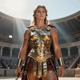 portrait, large and strong female gladiator standing in the arena, muscular, robust and mighty, roman setting, low angle, sunshafts, by donato giancola and ralph horsley, centered, soft lighting, detailed