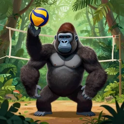a gorilla holding a volleyball and playing volleyball in a jungle, volleyball net, in the style of greg rutkowski, high detail