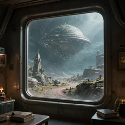 view out the window from inside an apartment on a strange alien science fiction planet