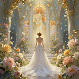 breathtaking detailed digital painting of a full body shot of a bride viewed from behind in a long dress of pure light, in a sunlit luxurious flower garden art nouveau cathedral on a wedding day, covered in pastel flowers with golden petals flying, 8k, rule of thirds, german romanticism, rembrandt style, elegant, volumetric lighting, highly detailed, artstation, concept art, matte, sharp focus, art by Tom Bagshaw, Alfons Mucha