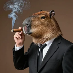 smoking cigar, a man wearing a suit capybara head (smoking cigar)