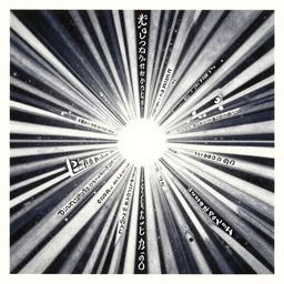 album cover art for lines going from corners to center ring katakana by akihiko yoshida