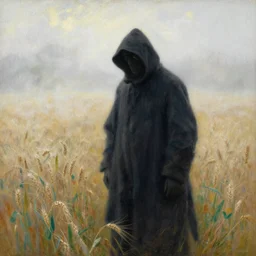 a the grim reaper standing in a foggy wheat field in style of pierre - auguste renoir,, fine details,