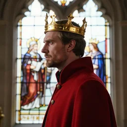 side - view portrait of a stern man, wears a simple golden crown, short hair, stubble, red coat, gothic stained glass window, very masterful, royal, backlit