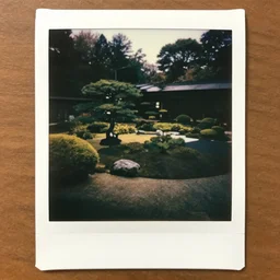 polaroid photo of an japanese garden taken at night with flash, grainy