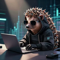 a hedgehog hacker in sunglasses and a hood sits at a laptop, synthwave, vector art