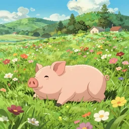 cute and adorable piglet resting on a beautiful flower valley by makoto shinkai, summer, studio ghibli, hayao miyazaki, takashi takeuchi, akihiko yoshida, funimation, key anime visual, anime poster, 8 k, highly detailed, rendered, concept art, trending on artstation, pixiv daily ranking