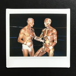polaroid photo of body worlds boxing match, human anatomy, gross anatomy, body dissection
