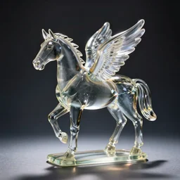 a glass statue of a horse with wings on it's back, studio photography, detailed, in focus