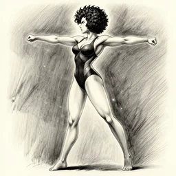 most strongest pose, scarlett johansson as baki with perfect symmetrical anatomical proportions, afro samurai anime style, by greg rutkowski, pencil and ink, dramatic lighting, full body profile pose, full swim suite