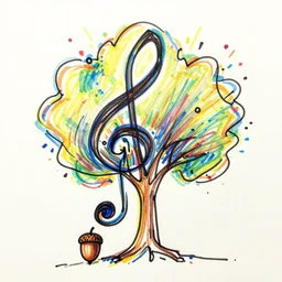 abstract single line thick sharpie drawing, acorn in bottom corner grows to becomes tree in shape of treble clef, bursts of color, Mo Ganji, continuous line drawing