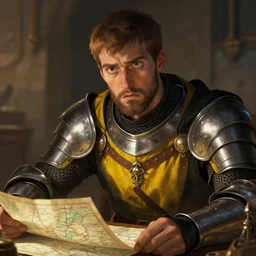 Closeup of frustrated male medieval lieutenant with a {short} beard wearing a black!!!! and yellow tabard over a steel breastplate and a black gambeson looking up from a map on a table, intricate, dramatic lighting, perfect eyes, illustration by Greg Rutkowski, ArtStation, digital art, fantasy