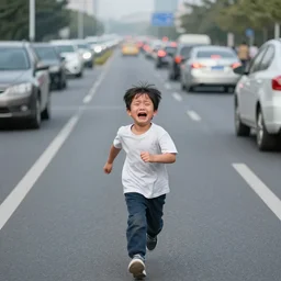 a crying kid running down a busy highway