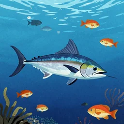 a swordfish and other sea life under the ocean in the style of Jack Harvey
