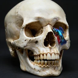 3 d close - up complex broken in to pieces fractured human skull betta fish, highly detailed. iridescent color accents. by wlop, tooth wu, greg rutkowski, alena aenami, beeple