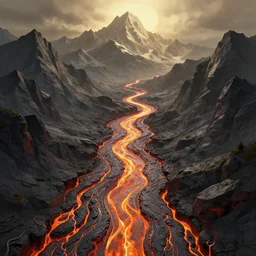 a mountain range with a lava tiver flowing through it by akihito tsukushi, backlight, rim lighting, deep focus, d & d, fantasy, intricate, elegant, highly detailed, digital painting, artstation, concept art, matte, centered, sharp focus, illustration, hearthstone, art by artgerm, greg rutkowski and alphonse mucha