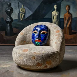 stone round soft chair with primitive mask. lapis lazuli, malachite, cinnabar, earth brown. painting by rene magritte, karl blossfeldt, brancusi, agnes pelton
