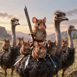 dungeons and dragons fantasy painting, ashigaru mice on ostrich steeds, whimsical and cute, determined expressions, watery eyes, anime inspired, brown fur, tufty whiskers, steel blades, dawn lighting, by brain froud jessica rossier and greg rutkowski