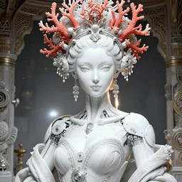 portrait of an absurdly beautiful, graceful, sophisticated, fashionable cyberpunk mechanoid, hyperdetailed illustration by irakli nadar and alexandre ferra, intricate linework, white porcelain skin, faberge, coral headdress, unreal engine 5 highly rendered, global illumination, radiant light, detailed and intricate environment