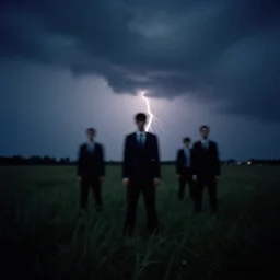 8 mm film still, blurry, grainy, liminal, unsettling, group of tall men in suits in a field at midnight, thunderstorm, dark