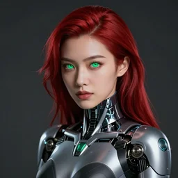 a portrait of a beautiful cyborg girl, red hair, glowing green eyes,