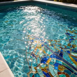 a pool with a broken stained glass floor and walls, sparkling, light reflecting, colorful, high definition, hd, high quality, highly detailed, award - winning