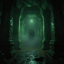 eerie dimly lit cave passage in an ancient underground temple, light fog, lovecraftian, trending artstation, green ambient light, wet