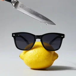 Lemon With Sunglasses Sweating Because A Knife Is Above It, Photorealistic