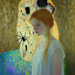 a girl with a spider, film still by edward hopper, by Pontormo, by klimt, art noveau, highly detailed, strong lights, liminal, eerie, Bright pastel colors,