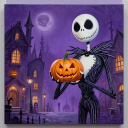 a beautiful painting of a halloween town, pumpkin king town jack skellington, by the nightmare before christmas
