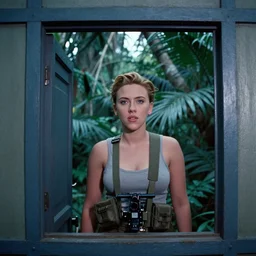 film still, extreme far view, scarlett johansson, jungle, vietnam door gunner, apocalypse now, associated press,'2 6 mm'kodak ektachrome, blue tint expired film