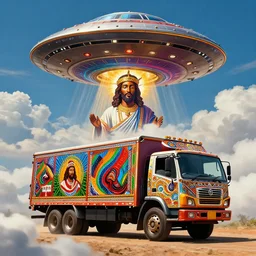 UFO hovering over an African Jesus , clouds, colorful, in the style of Nigerian truck art,