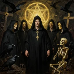 dante's inferno, with people in black hooded tunic like in the film eyes wide shut of stanley kubrick, illuminati symbol, crows, skeletons, crosses, dark beauty, rotten gold, perfect faces, extremely detailed. highly detailed painting by gaston bussiere, craig mullins j. c. leyendecker 8 k